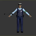 Game Movie Character Police Officer In Blue Uniform With Cap Vest And Walkie Talkie
