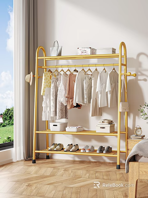 Golden Garment Rack Organizes Clothes And Shoes In Bright Room 3d model 