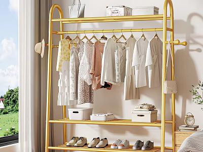 Golden Garment Rack Organizes Clothes And Shoes In Bright Room 3d model