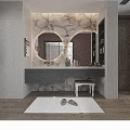 Modern Bathroom Vanity With Double Round Mirrors Floral Pattern Wall And Shelves With Toiletries