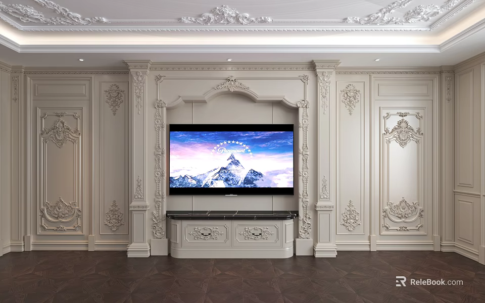 Elegant Classical TV Background Wall With White Paneled Design Crown Molding And Ornate Carvings 3d model 