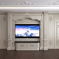 Elegant Classical TV Background Wall With White Paneled Design Crown Molding And Ornate Carvings