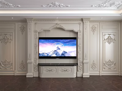 Elegant Classical TV Background Wall With White Paneled Design Crown Molding And Ornate Carvings 3d model