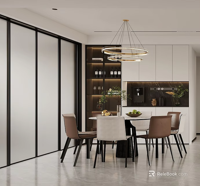 Modern Restaurant Interior With Round Dining Table And Pendant Lighting 3d model