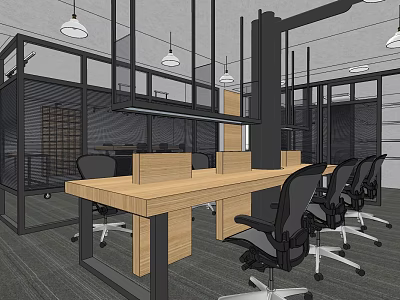 Modern Public Office Space with Long Wooden Tables Black Office Chairs and Pendant Lights 3d model