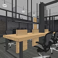 Modern Public Office Space with Long Wooden Tables Black Office Chairs and Pendant Lights