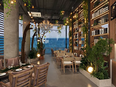 Cozy Café Interior With Green Plants Chandeliers And Wooden Dining Furniture 3d model