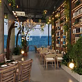 Cozy Café Interior With Green Plants Chandeliers And Wooden Dining Furniture