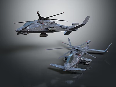 Modern Military Helicopters Featuring Advanced Weapon Systems And Distinct Design Elements 3d model