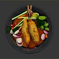 Fried Skewers With Fresh Vegetables Lime Slices And Spices On Dark Stone Plate
