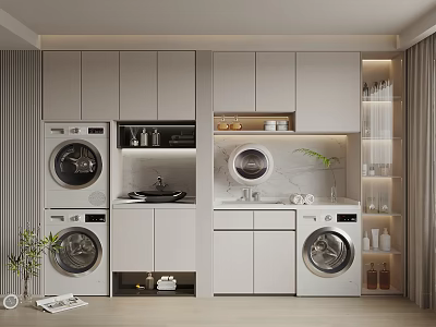Modern Laundry Room With Washing Machines Cabinets Sink And Potted Plant 3d model