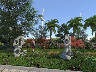 Scenic Natural Landscape With Green Trees Palm Plants Colorful Flowers And Decorative Rocks 3d model