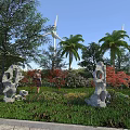 Scenic Natural Landscape With Green Trees Palm Plants Colorful Flowers And Decorative Rocks