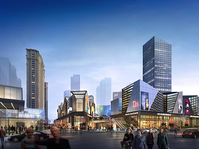 Vibrant Commercial Street Scene With Modern Architecture Lit Shops Billboards Pedestrians And Vehicles 3d model