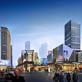 Vibrant Commercial Street Scene With Modern Architecture Lit Shops Billboards Pedestrians And Vehicles