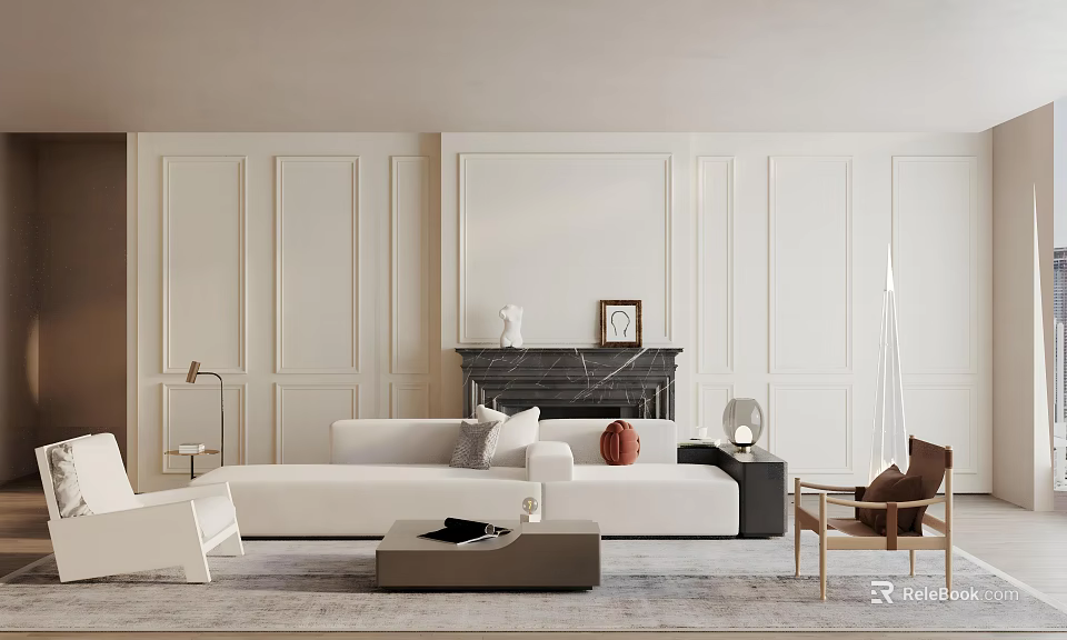 Modern Living Dining Room Interior Design With White Sofa Fireplace Artwork And Floor Lamp 3d model 