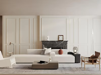 Modern Living Dining Room Interior Design With White Sofa Fireplace Artwork And Floor Lamp 3d model