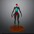 3D Female Character Model With Red Black Design Blue Glowing Elements Knife On Circular Platform