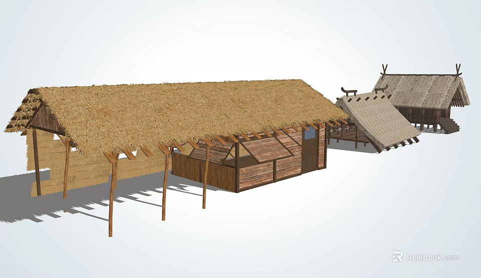Traditional Rustic Wooden House Architecture With Thatched Roof And Natural Structure 3d model 