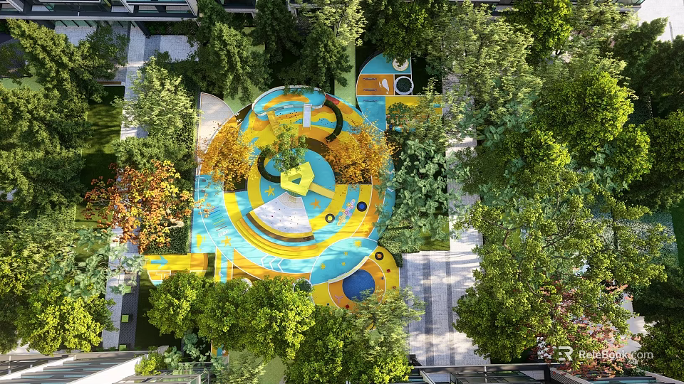 Outdoor Kids Play Area With Colorful Circular Design Lush Trees And Play Structures 3d model 