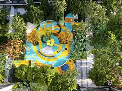 Outdoor Kids Play Area With Colorful Circular Design Lush Trees And Play Structures 3d model
