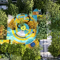 Outdoor Kids Play Area With Colorful Circular Design Lush Trees And Play Structures
