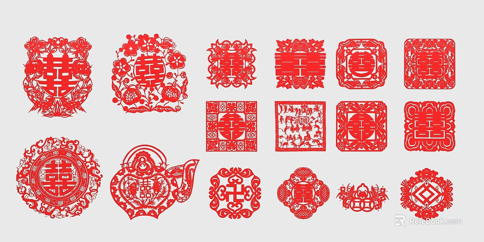 Traditional Chinese Red Paper Cut Wall Decor With Double Happiness Flowers And Figures 3d model 