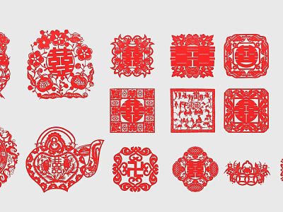 Traditional Chinese Red Paper Cut Wall Decor With Double Happiness Flowers And Figures 3d model
