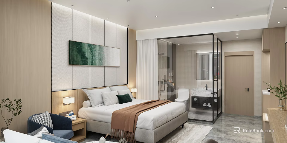 Luxury Hotel Room Interior With Comfortable Bed And Modern Bathroom 3d model 