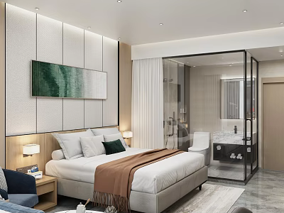 Luxury Hotel Room Interior With Comfortable Bed And Modern Bathroom 3d model