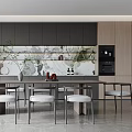 Modern Restaurant Open Kitchen Interior With Island Counter Dining Chairs And Plants