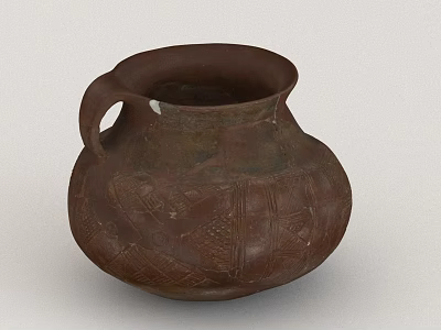 Brown Ceramic Pot With Handle And Intricate Carved Patterns On Surface 3d model
