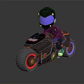 Futuristic Helmeted Biker Riding Sleek Black Motorcycle With Red Blue Wheels And Purple Visor