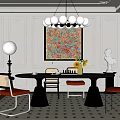 Modern Restaurant Interior With Black Dining Table Orange Chairs Chandelier Artwork Sculpture And Rug