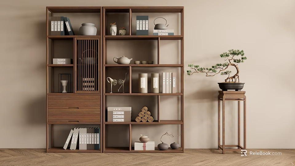 Wooden Display Shelf With Books Ceramic Wares Tea Sets Decor And Bonsai On Side Table 3d model 