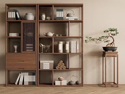 Wooden Display Shelf With Books Ceramic Wares Tea Sets Decor And Bonsai On Side Table 3d model