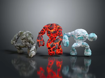 Three Stone Lava and Ice Elemental Humanoid Creatures as Fantasy Characters 3d model