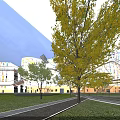 Modern Industrial Factory Building Featuring Glass Curtain Wall Geometric Structure Night Lighting Lawn And Pedestrians