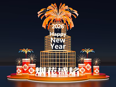 2026 New Year Art Installation with Fireworks Happy New Year Text Firecrackers and Platform Base 3d model