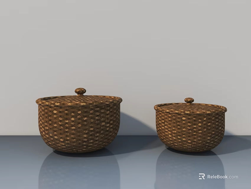 Brown Woven Decorative Ornament Set With Two Covered Baskets On Smooth Surface 3d model 