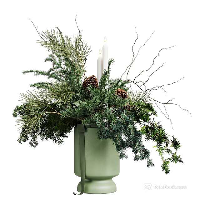 Festive Green Vase Arrangement With Pine Branches Pine Cones Twigs And Candle 3d model 