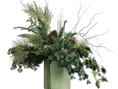 Festive Green Vase Arrangement With Pine Branches Pine Cones Twigs And Candle 3d model