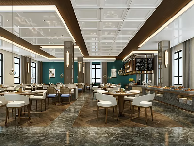 Modern Restaurant Interior With Marble Floor Wooden Tables Chairs Pendant Lights And Green Walls 3d model