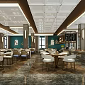 Modern Restaurant Interior With Marble Floor Wooden Tables Chairs Pendant Lights And Green Walls