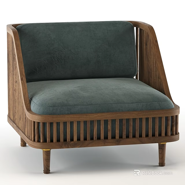 Accent Leisure Chair with Dark Green Upholstered Cushion and Wooden Frame Design 3d model 