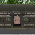 Ancient Architecture with Intricate Carved Doors Windows Stone Steps Front Statue and Surrounding Trees