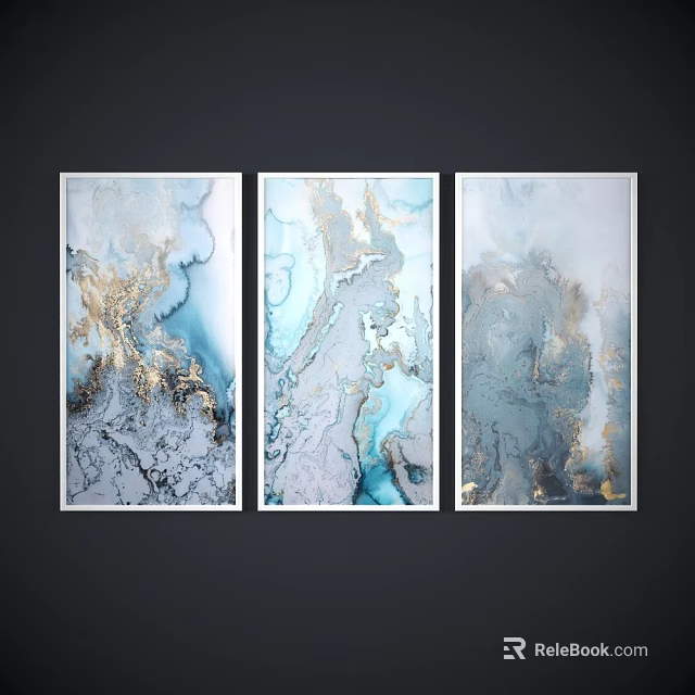 Abstract Oil Paintings Triptych With Blue Gray Gold Tones Hanging On Dark Wall 3d model 