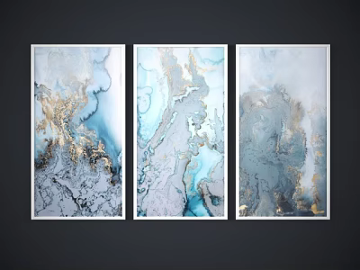 Abstract Oil Paintings Triptych With Blue Gray Gold Tones Hanging On Dark Wall 3d model