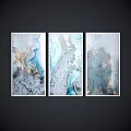 Abstract Oil Paintings Triptych With Blue Gray Gold Tones Hanging On Dark Wall