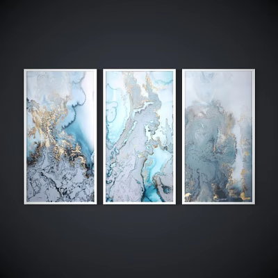 Abstract Oil Paintings Triptych With Blue Gray Gold Tones Hanging On Dark Wall 3d model